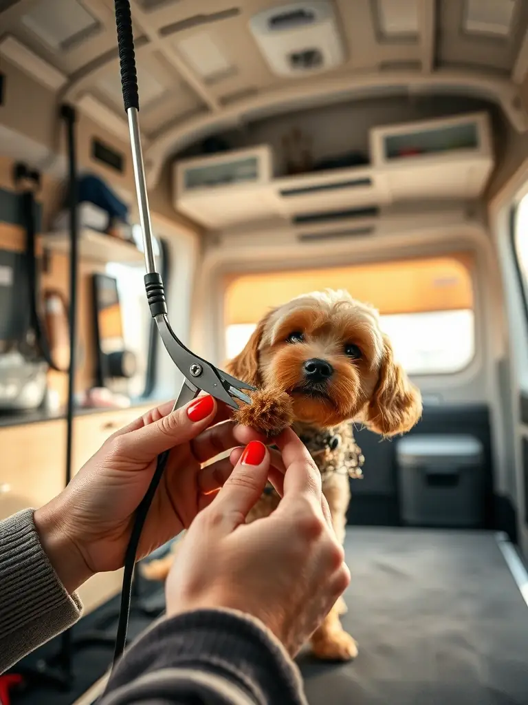 A close-up of a groomer carefully trimming a dog's nails with professional clippers inside the MobeGrooming van.