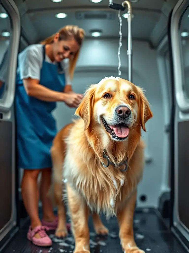 A golden retriever enjoying a warm bath inside the MobeGrooming van, with a groomer gently washing its fur.