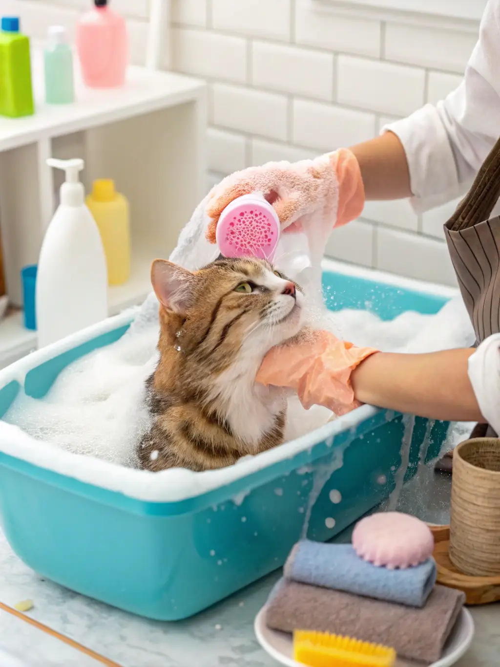 A happy cat being gently brushed by a groomer inside the MobeGrooming van, showcasing the cat grooming services.
