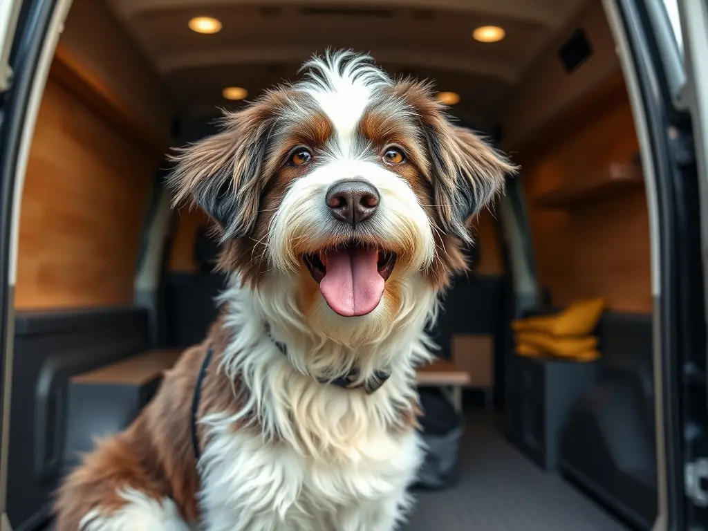 A golden retriever enjoying a bath in a mobile grooming van, with a groomer gently washing its fur.