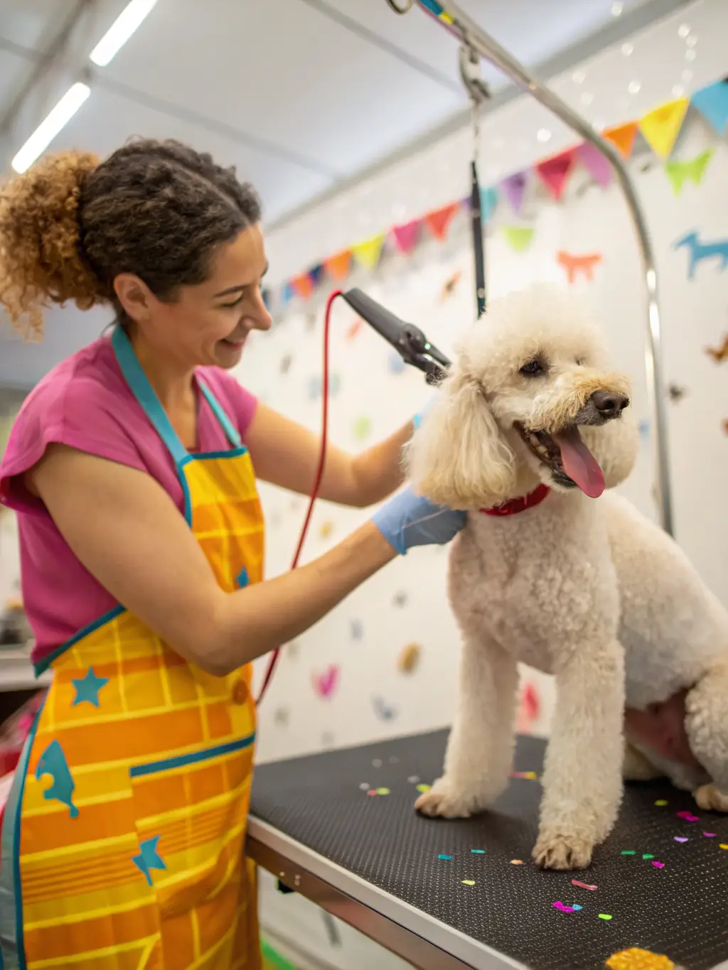 A fluffy poodle getting a stylish haircut from a skilled groomer inside the MobeGrooming van.